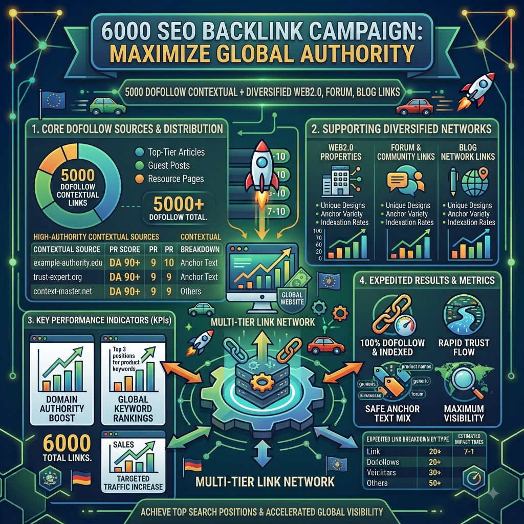 6000 SEO Backlinks: 5000 Dofollow Contextual + Web2.0, Forum, Blog Links